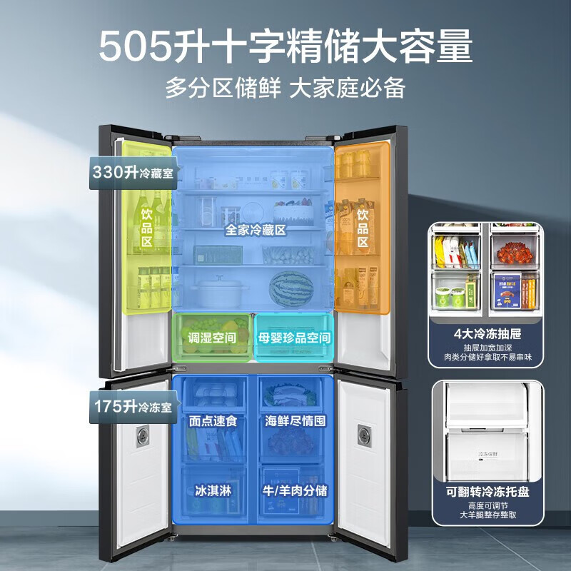 Midea cross-door four-door first-class energy-efficiency smart dual-frequency air-cooled, frost-free and odor-free dual-system household refrigerator 505-liter dual-system MR-531WSPZE gray