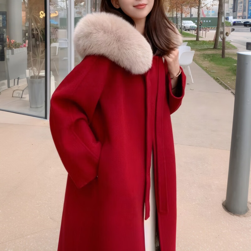 Oudihui 2025 new autumn and winter red woolen coat for women thickened large fur collar woolen coat mid-length coat for women red S
