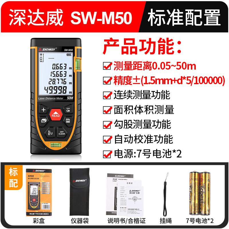 Shendawei Laser Distance Meter Infrared Room Measuring Instrument High-precision Handheld Infrared Distance Meter SW-M50 (range 50 meters)