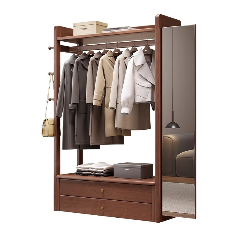 Shaochengke coat rack floor-standing household solid wood coat rack dressing mirror combination living room bedroom multi-functional fitting mirror storage rack walnut color-120cm (installation included)