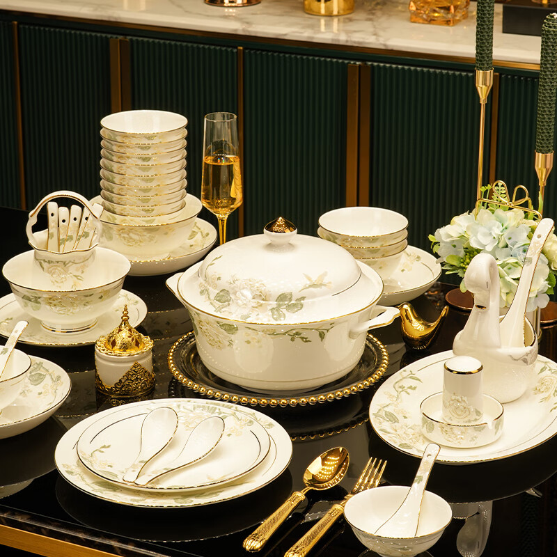 Han Ming New Year's Gift Jingdezhen Chinese-style bowls, plates and tableware complete set for home relocation bone china bowls and chopsticks set high-end luxury version 88-piece set丨with high-end brocade box