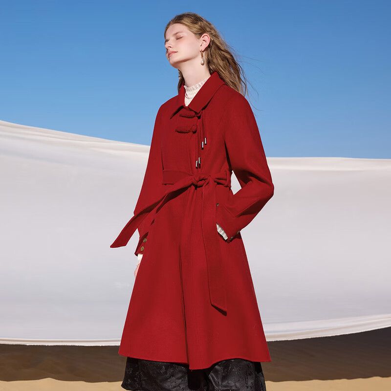 Qiushui Yiren 100% sheep wool Chinese style double-sided woolen coat winter women's silhouette coat Christmas red bright red M