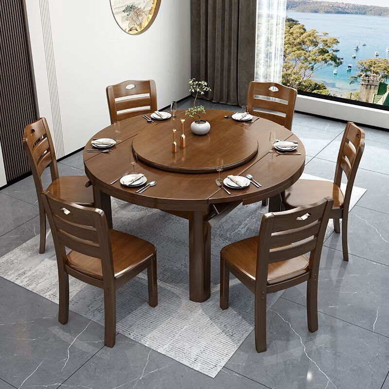 All solid wood dining table and chairs retractable and foldable modern simple retractable and foldable small household variable round table dining table walnut color 1.2m single table without chairs Comes with turntable package for installation