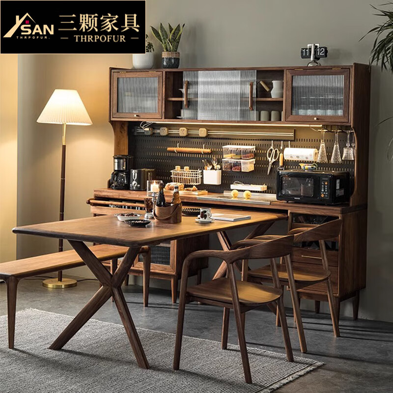 Three furniture solid wood sideboard and dining table integrated North American black walnut high cabinet with built-in table wine cabinet cabinet multi-function 210cm sideboard (North American black walnut)