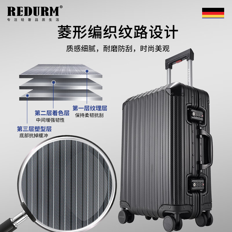 REDURM all-aluminum-magnesium alloy large-capacity suitcase, lightweight boarding suitcase, business trip trolley case, high-looking steel gun color - flagship 3D pattern scratch-resistant and wear-resistant hard case 20 inches - boarding-ready