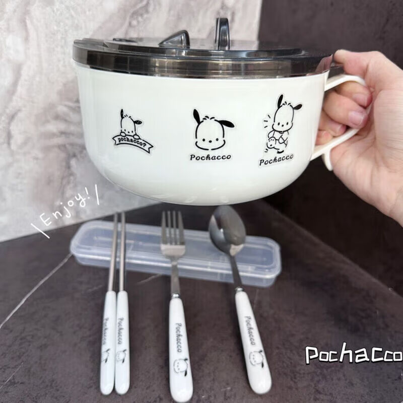 Iron Helper Student Instant Noodle Bowl with Cover Pacha Dog Stainless Steel Dormitory Lunch Box Drainable Instant Noodles Special Large Capacity Bowl + Cover with Sticker Diameter 14CM Stainless Steel Instant Noodle Bowl