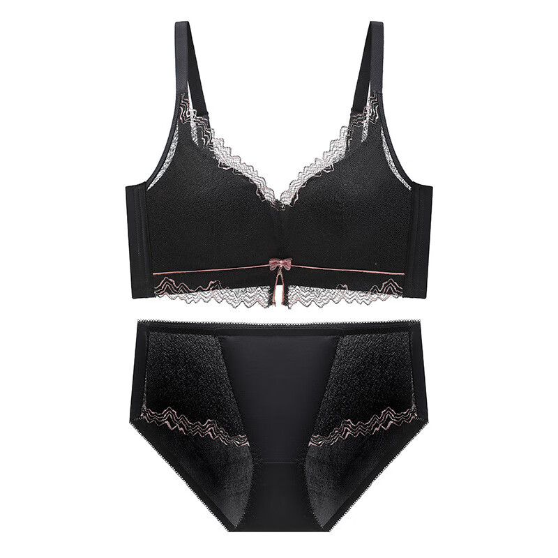 Modal Wireless New Small Breast Push Up French Lace Underwear Women's Secondary Breast Adjustment Bra Set Black S 32/70AB Through Cup Medium Thick