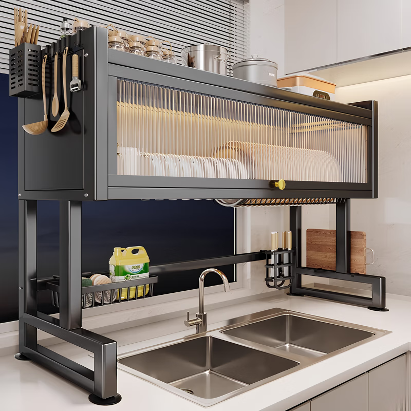 Kunfeng kitchen sink rack drain rack countertop dish storage rack knife rack dishwashing sink pool dustproof cupboard storage black main rack regular 65CM