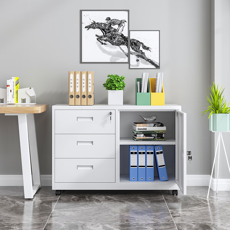 Xingfubang iron filing cabinet, low cabinet, office multi-drawer cabinet, drawer cabinet with lock, information filing cabinet, sliding door, movable cabinet, under-desk cabinet, right five drawers, white, 750*750*390, with wheels, thickened version