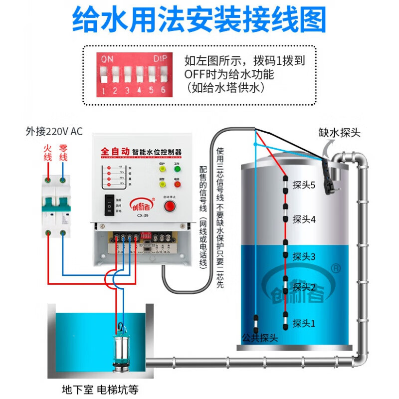 Fully automatic water level control switch induction water pump water tank water tower water controller intelligent pumping display 220v 29G host + 2.5 meter water depth probe