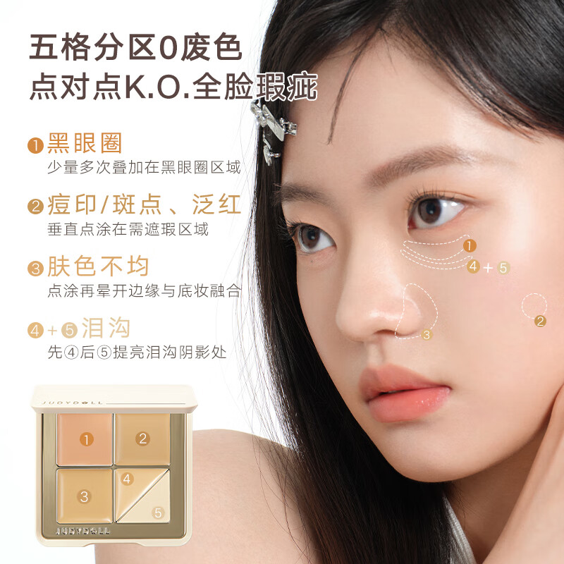 Judydoll Five-Color Concealer Palette Concealer Base Makeup Covers Spots and Dark Circles to Brighten New Year's Gift 02 Natural Skin Color