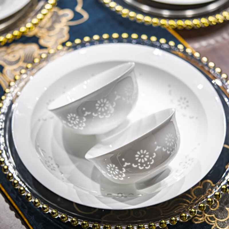 Rich Jade Exquisite Tableware Set Pure White Dishes Set Jingdezhen New Home Use High-end Light Luxury Youmeng Tableware Set 30 Pieces