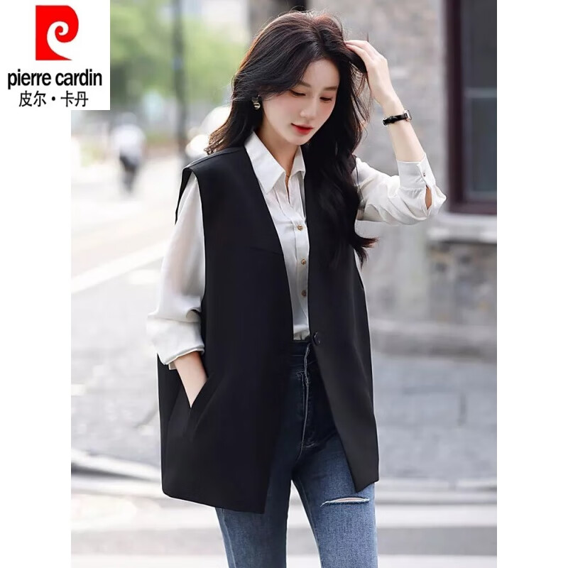 Pierre Cardin 24 years new style French style suit vest women's early spring loose suit jacket V-neck vest top black 3XL 135 to 150 pounds