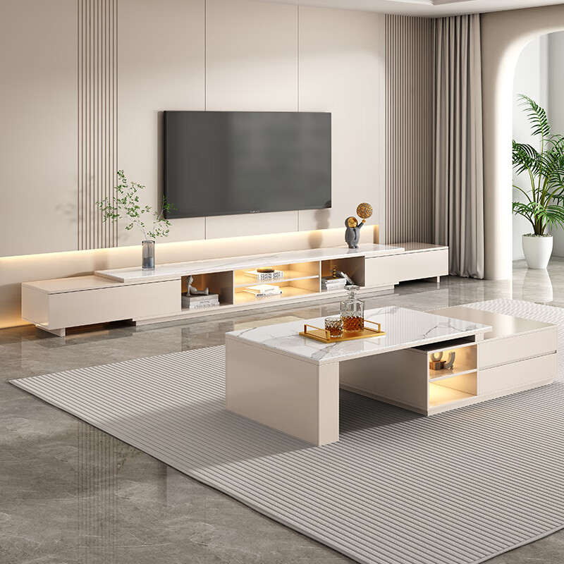 Mushun light luxury coffee table TV cabinet modern simple home living room storage cabinet small apartment retractable TV cabinet combination retractable TV cabinet 1.8-2.6 meters light luxury gray