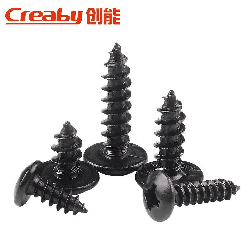 Creaby iron black cross large flat head self-tapping screws mushroom round head pointed tail wood screws umbrella head self-tapping screws M3.5*8 (200 pieces) iron black material