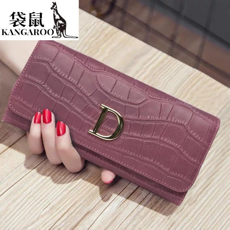 Kangaroo 2025 New Genuine Leather Crocodile Pattern Wallet Women's Long Simple Mobile Phone Wallet Soft Leather Folding Large Capacity Wallet High-end Gift Box Crocodile Pattern Black