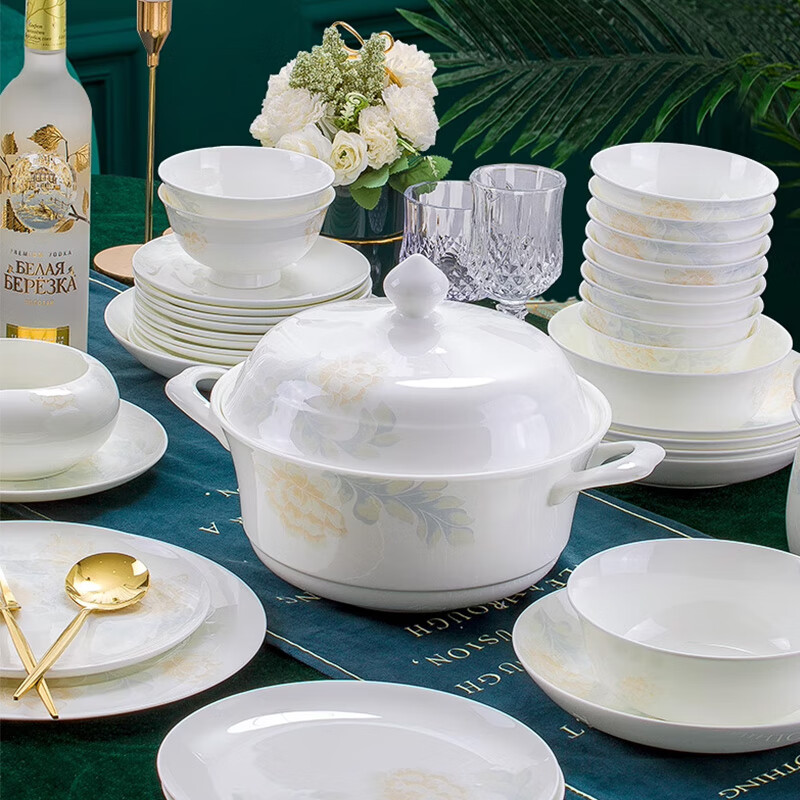 Prime Minister of Porcelain Jingdezhen High Temperature Bone Porcelain Underglaze Color Tableware Complete Set of Bowls and Dishes for Household Light Luxury Housewarming and Wedding Gift Bowl and Plate Set Dark Fragrance Sparse Shadow Underglaze Color 56-piece Set