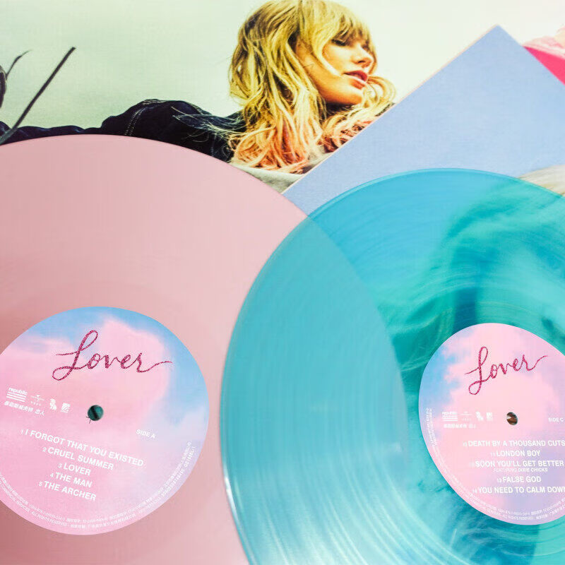 Official Genuine Taylor Swift Vinyl Record Swift Album Lover/Folk Story Changchi/Midnight/Let Go to Love/Confession of Love Lover Lover Pink and Blue Double Color Vinyl 2LP + Lyrics Cover