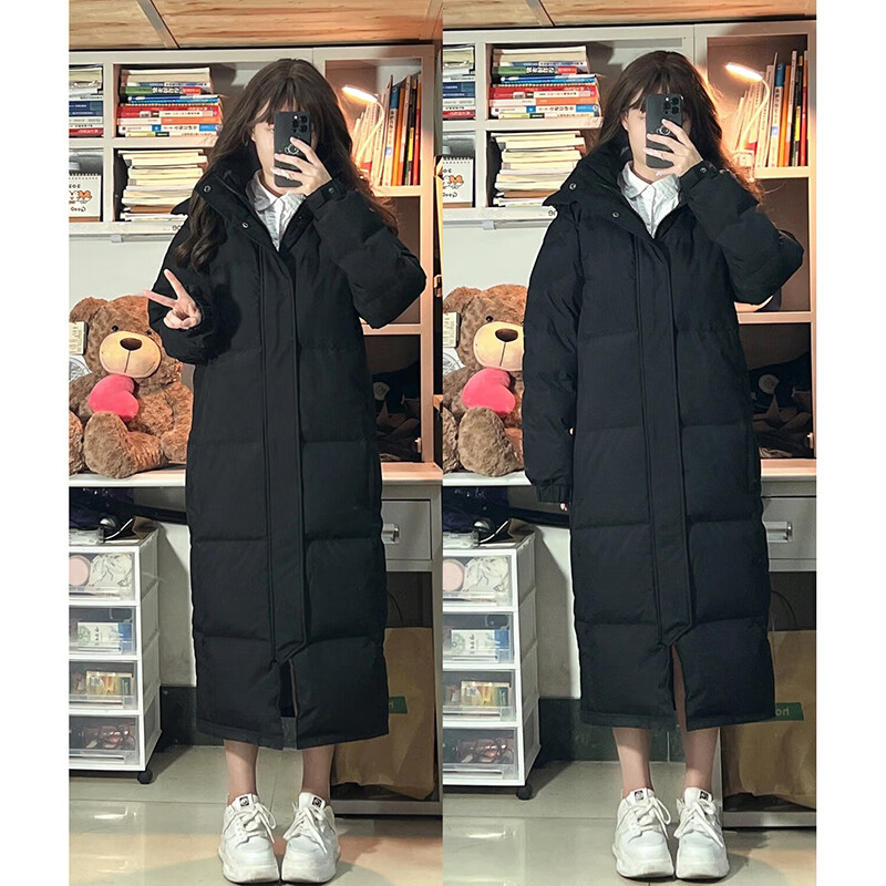 GARNUO Chinese drama same style down jacket for women mid-length knee-length hooded 2025 new winter white duck down thickened black jacket black S 80-100 catties