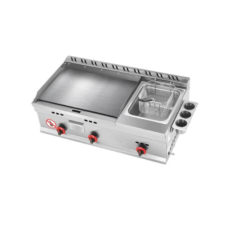 Commercial hand cake machine, frying griddle, frying pan, Teppanyaki all-in-one machine, stall gas, gas grilled cold noodles, electric oven, 55 thickened griddle + double pot + frying basket