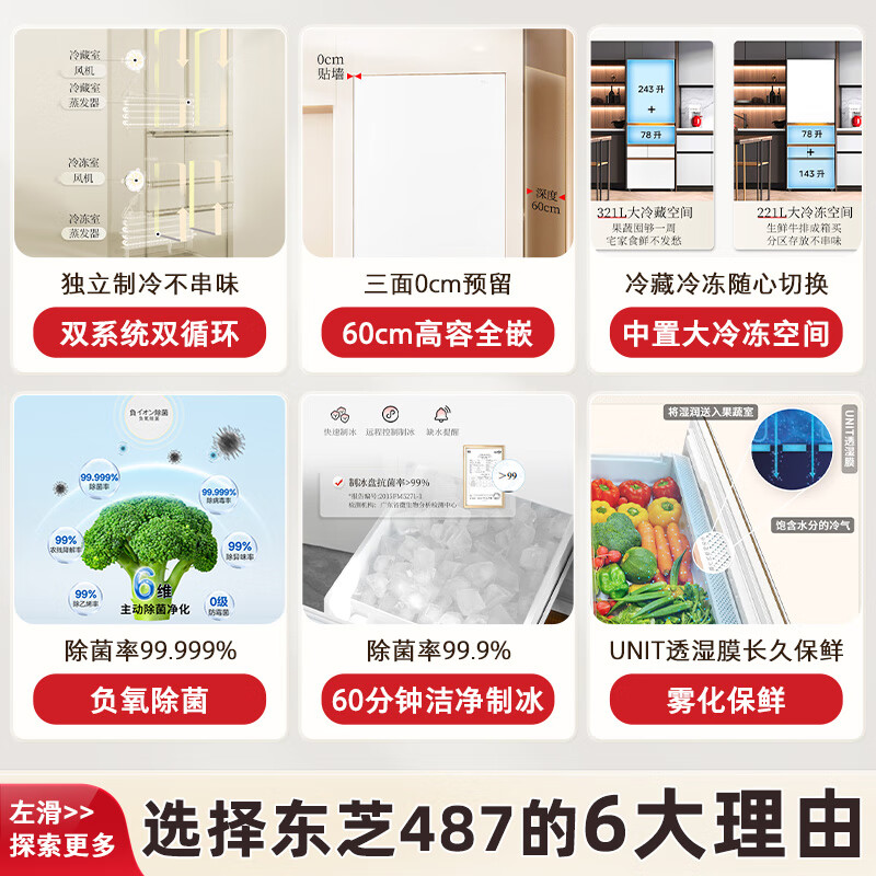 TOSHIBA Dabai Peach Pro464L Japanese-style multi-door refrigerator 487 dual system ultra-thin zero-embedded automatic ice-making glass panel small apartment GR-RM487WI-PG1B3 national subsidy