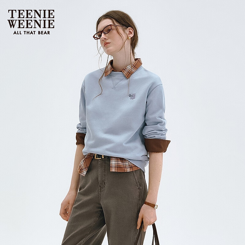 Teenie Weenie Bear Women's Sweater 2025 Autumn and Winter New Loose Comfortable Casual Daily Round Neck Top Blue M