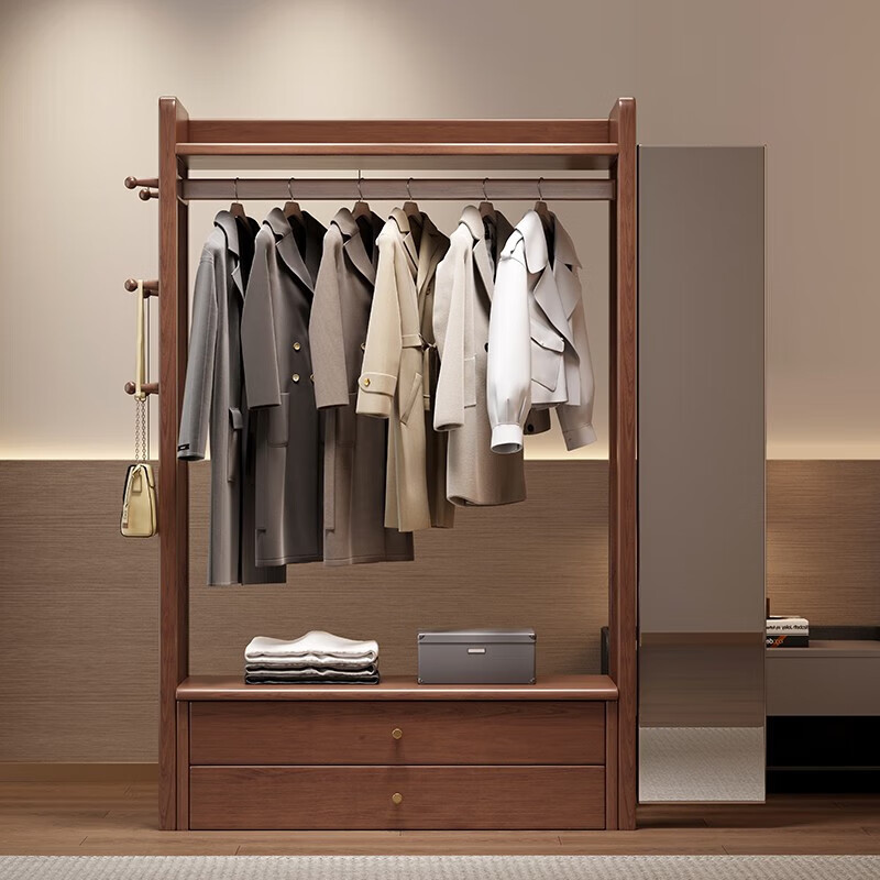 Shaochengke coat rack floor-standing household solid wood coat rack dressing mirror combination living room bedroom multi-functional fitting mirror storage rack walnut color-120cm (installation included)
