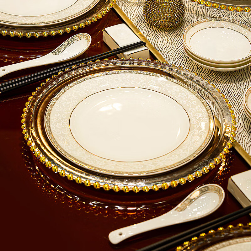 Jingqiu high temperature underglaze color bowl and plate set household European style Jingdezhen high-end bone china tableware complete set of bowl and plate set for housewarming underglaze color small qualification transfer 10 people suitcase 60 pieces