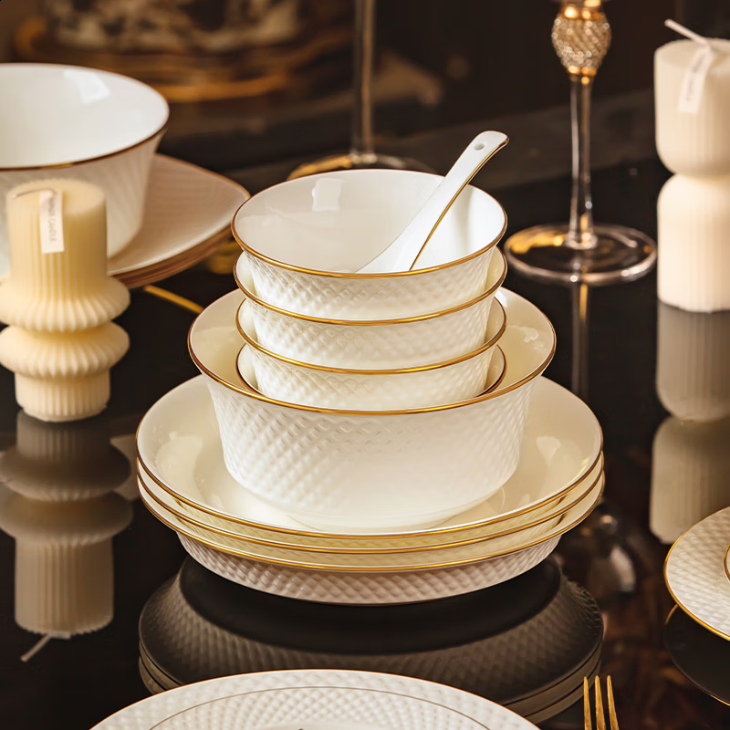 NINE CRANES modern light luxury Jingdezhen bone china bowl and dish set household moving gift bowl and dish set high-end tableware set 80 pieces 10 person set Microwave sterilizer