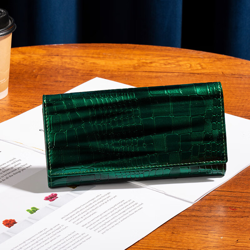 Sefulun (seefulun) fashionable genuine leather bright leather multi-card slot multi-compartment long folding wallet crocodile pattern cowhide banknote wallet for mobile phone green - genuine leather inside and outside gift box packaging