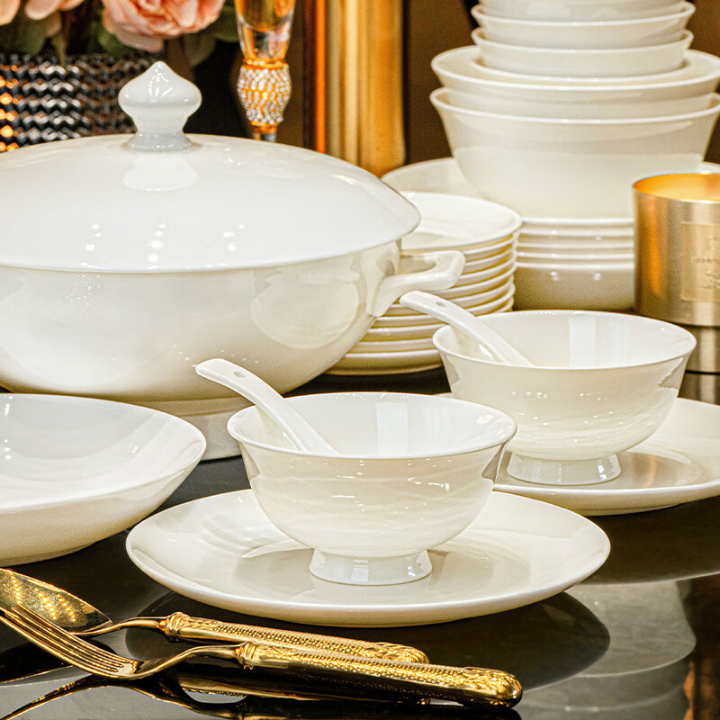 NINE CRANES high-end bowl set bone china household pure white Jingdezhen ceramic bowls and plates tableware high-end housewarming gift set first-class bone china | brocade box packaging | with lucky pot 70-piece set