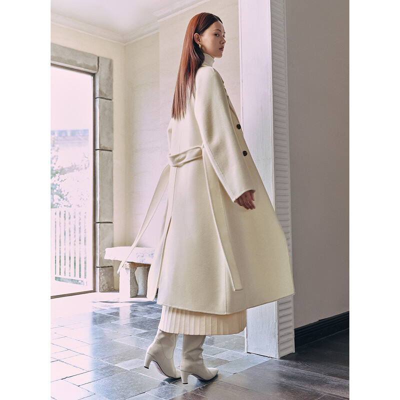 PEACEBIRD Women's Woolen Coat Master Zhen velvet series bathrobe double-sided woolen Hepburn style off-white M