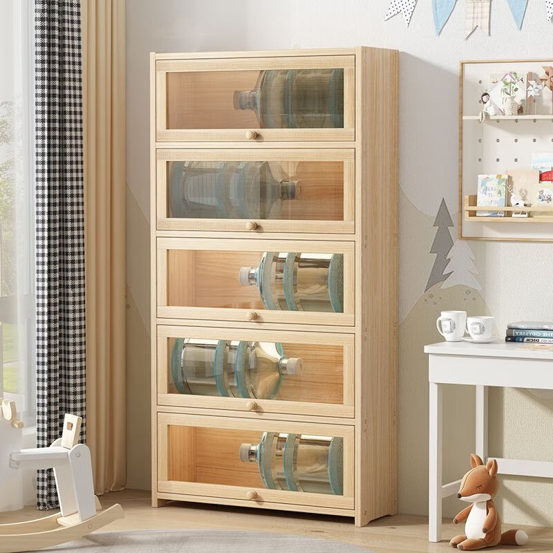 Moridi pine bookcase with flip-up transparent door student book storage cabinet multi-layer floor-to-ceiling solid wood bookshelf toy storage cabinet unpainted pine healthy solid wood bookcase five-layer 80 long flip door design