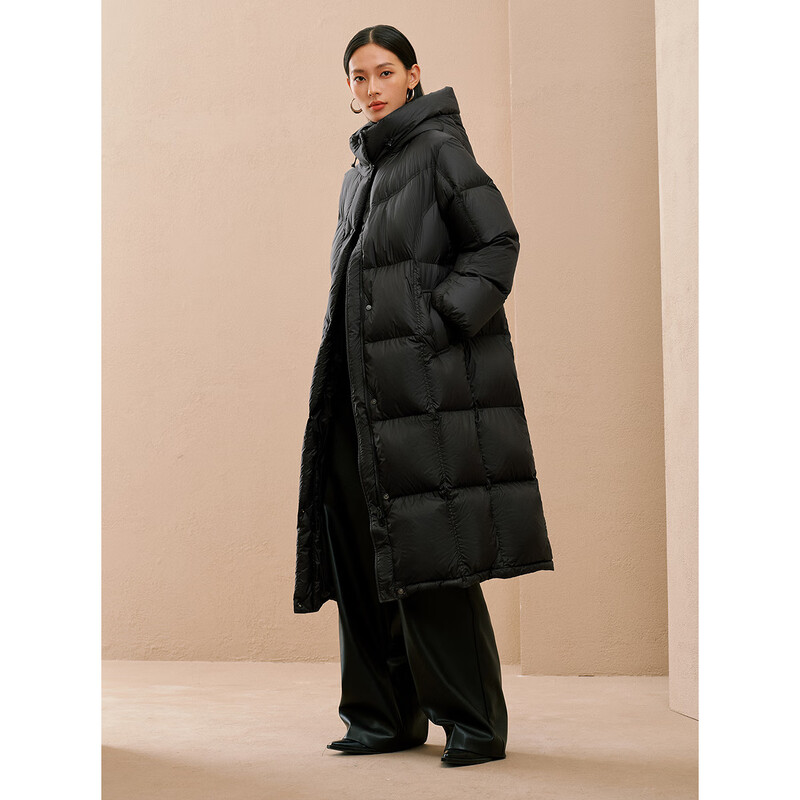 PEACEBIRD Women's Down Jacket Hooded Puff Winter Warm Bread Jacket Black 2 Long M