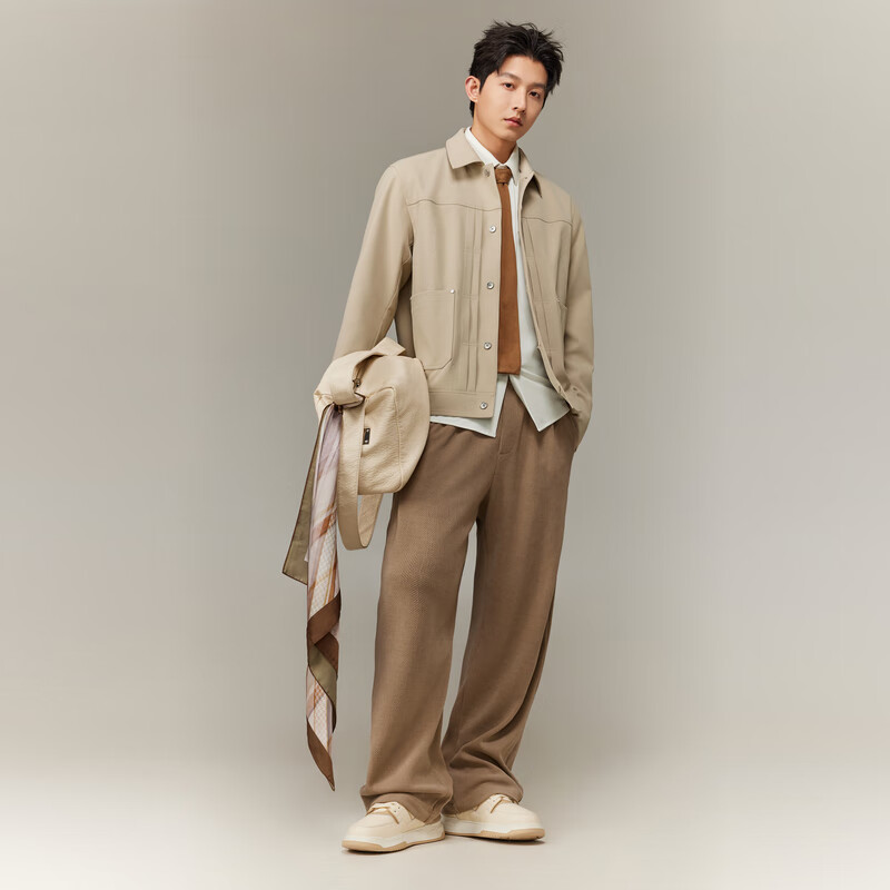 CABBEEN polyester concealed jacket men's back heavy industry flower and bird embroidery craft daily casual winter lapel jacket