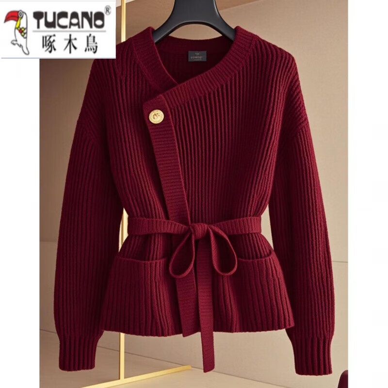 Woodpecker (TUCANO) 2025 outfit complete set of popular fashion brand women's Ancola red wool sweater, fashionable and slim, straight red top + pants set of two/piece, belt not included L, recommended 100-120 catties