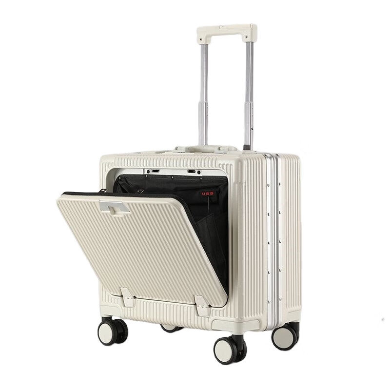 Ouyao front-opening suitcase, multifunctional small light business trolley case, can be put on the plane with side opening for computer suitcase, high-grade gray, USB charging port + rear water cup holder, 18-inch horizontal style/free checked boarding case