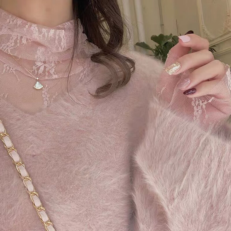 NJTD Lace Top Pure Desire Style Fairy Mesh Long Sleeve Top Super Fairy High Neck Lace Bottoming Top for Women Spring and Autumn Mist Purple One Size S 85-95 Jin