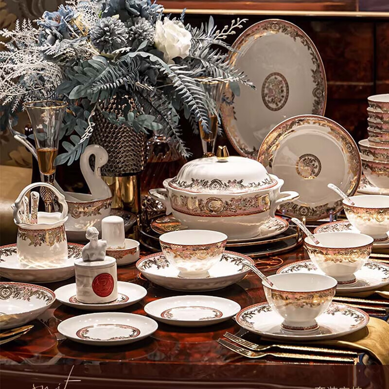 Manyuan Chinese light luxury tableware set, high-looking Jingdezhen bone china gold-rimmed dishes, home-style ceramic bowls, My Heart Will Go On, luxury 10-person configuration, 62-piece set