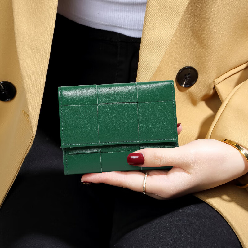 Sephoron 2026 Korean version of the new sheepskin three-fold short small wallet, versatile large plaid woven banknote holder, multi-card slot coin purse, smoke gray blue-made of sheepskin, gift box packaging