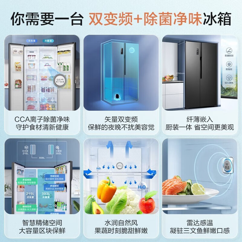 Rongsheng 608-liter refrigerator ion purifier double-door door-to-door household first-class energy efficiency variable frequency air-cooled frost-free ultra-large capacity state-subsidized official flagship store BCD-608WD18HP black rhyme gray