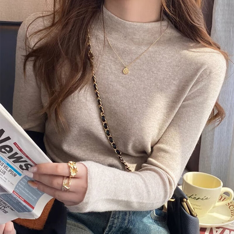 Bangboshi New Year Half Turtle Collar Bottoming Shirt for Women 2025 Autumn and Winter Temperament Solid Color Interior with Soft Skin Friendly Slim Long Sleeve Pin Bottoming Shirt Oatmeal Color Thick Style Suitable for 90-120 Jin One Size