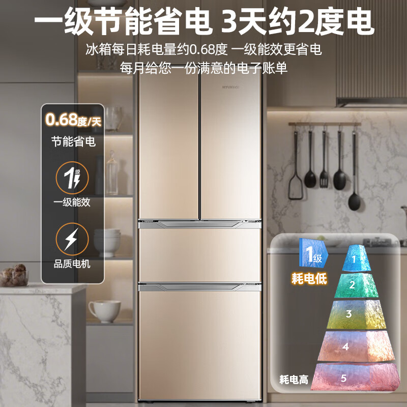 Royalstar 301 liter four-door French refrigerator, first-class energy efficiency, energy-saving and energy-saving household large-capacity ultra-thin embedded refrigerator, multi-opening cross-door three-temperature middle door soft freezing 301 liters, golden French, first-class energy-saving, 53 cm ultra-thin embedded refrigerator