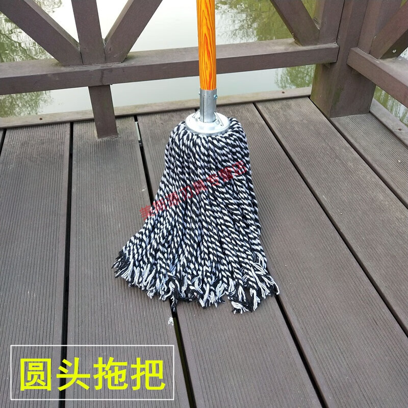 Wood mop, old-fashioned wooden handle, flat head row mop, cotton line cotton mop, water dust mop, wide head floor mop, cement cotton line, round head/iron head reinforced version (wooden pole)