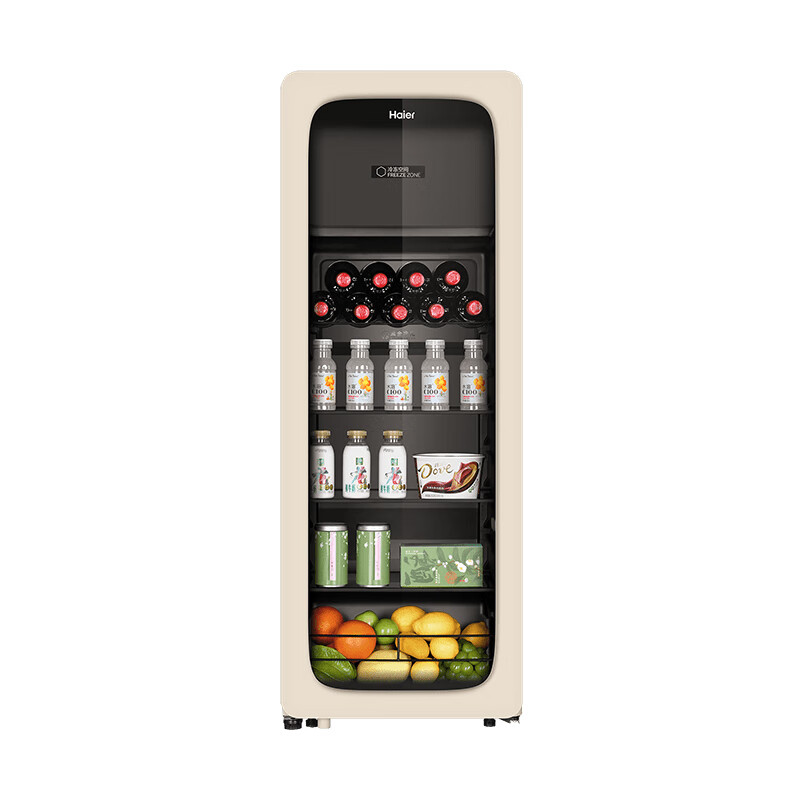 Haier ice bar home small mini refrigerator living room office bedroom single door beverage tea fruit red wine refrigeration and preservation display cabinet transparent glass door ultra-thin vertical freezer 133 liter dual temperature zone Yuanqi Bar丨Ice making in the freezer丨Ivory rice