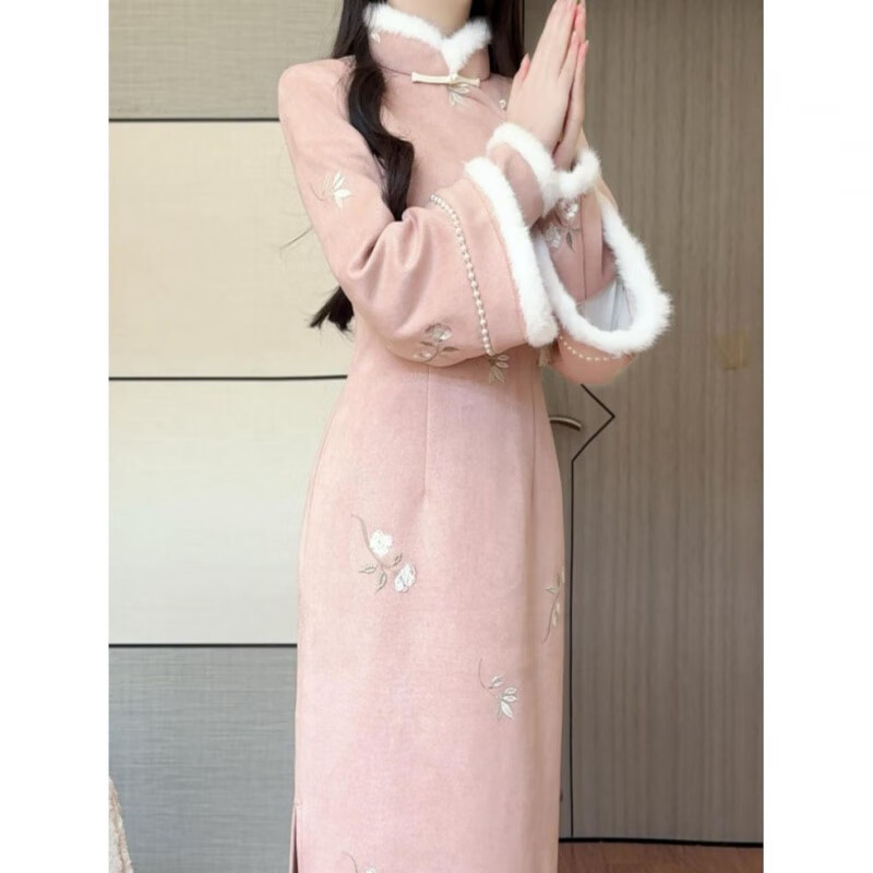 SAKENMAO Matcha 2025 winter velvet thickened improved cheongsam plush collar warm lady new Chinese style dress Yingying cheongsam embroidered velvet thickened M