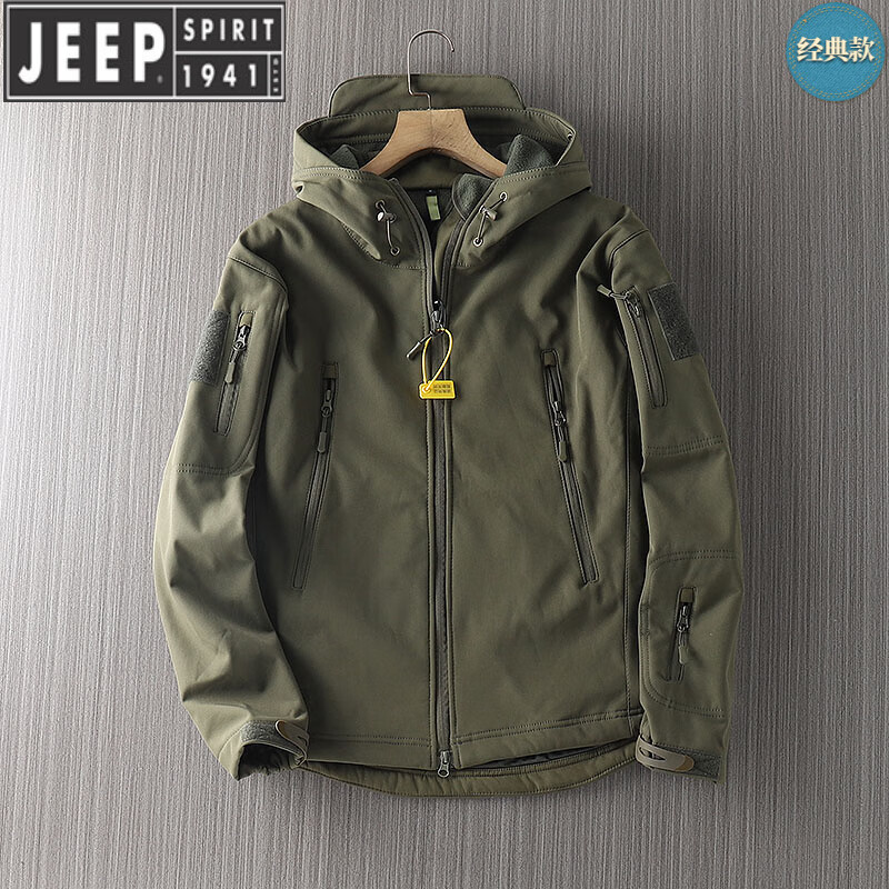 JEEP SPIRIT Jeep Brand Wall Crack Outdoor Tactical Soft Shell Jacket Men's Spring, Autumn and Winter Plus Velvet Windproof and Waterproof Jacket Military Green BAB02 S (80-100 catties)
