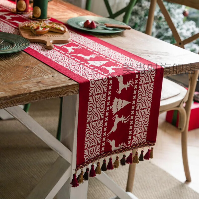 Chuangjingyi selected table flag cloth long Christmas tablecloth table decoration cloth American light luxury high sense retro sideboard coffee table cover cloth Christmas Park-Green 35*260cm (table length 180-210cm optional)