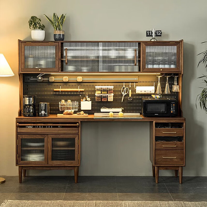 Three furniture solid wood sideboard and dining table integrated North American black walnut high cabinet with built-in table wine cabinet cabinet multi-function 210cm sideboard (North American black walnut)