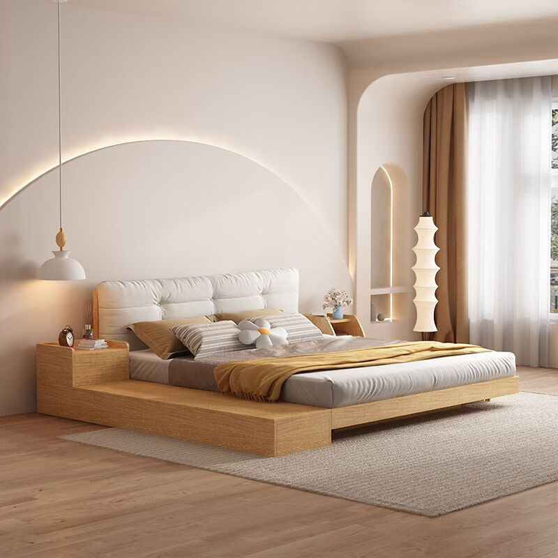 Secret floating bed tatami wabi-sabi style simple 1 meter 8 double soft package storage bed tatami bed floor-standing Japanese style walnut color bed + bedside + 1 bedside table + mattress 1500mm*2000mm frame structure